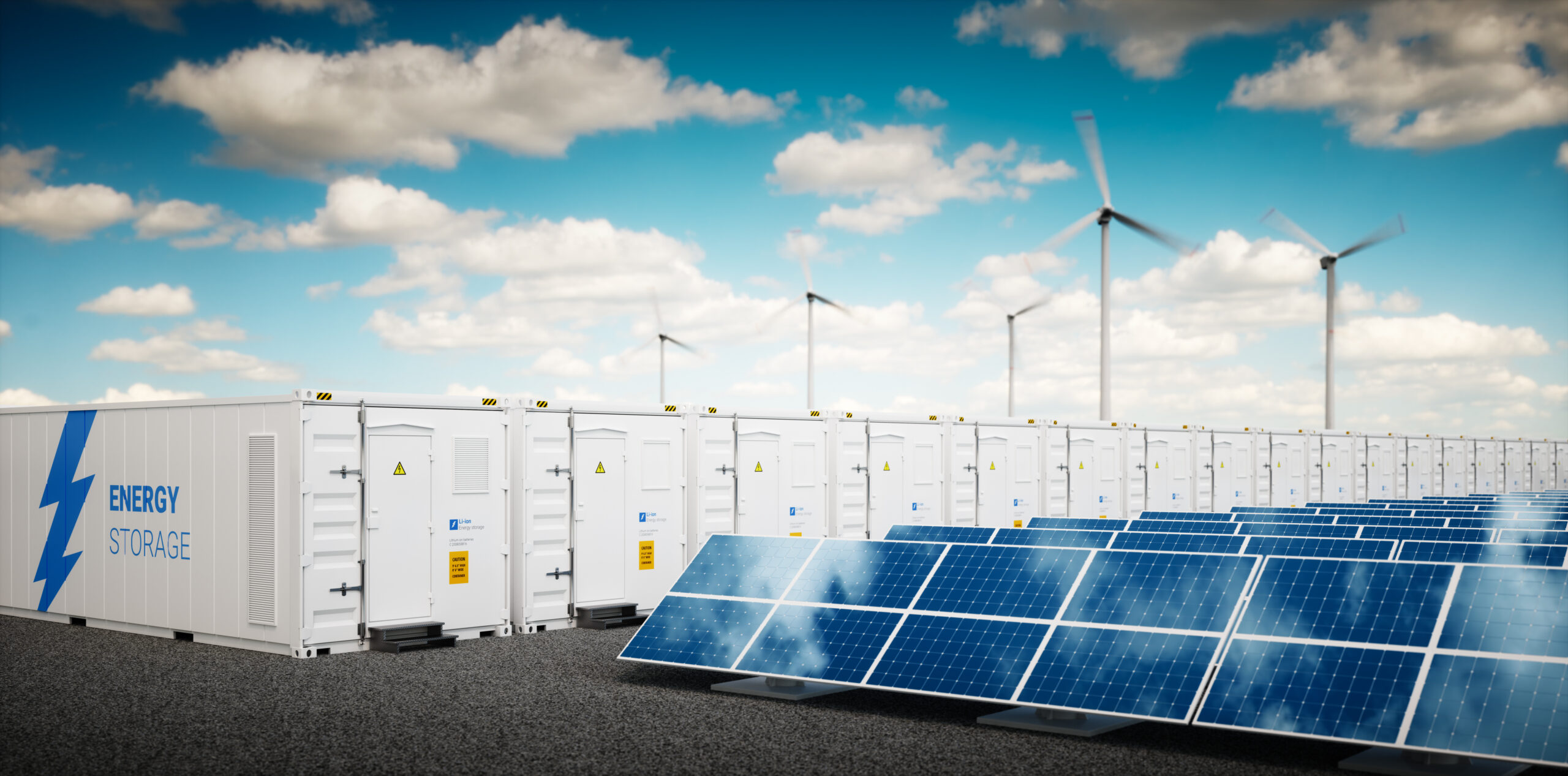 Concept of energy storage system.Concept of energy storage system. Renewable energy power plants - photovoltaics, wind turbine farm and  battery container. 3d rendering.