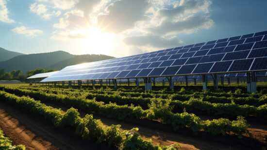 Farmland enhanced with agrivoltaics, where solar panels are intelligently integrated to provide both renewable energy generation and shade for crops.