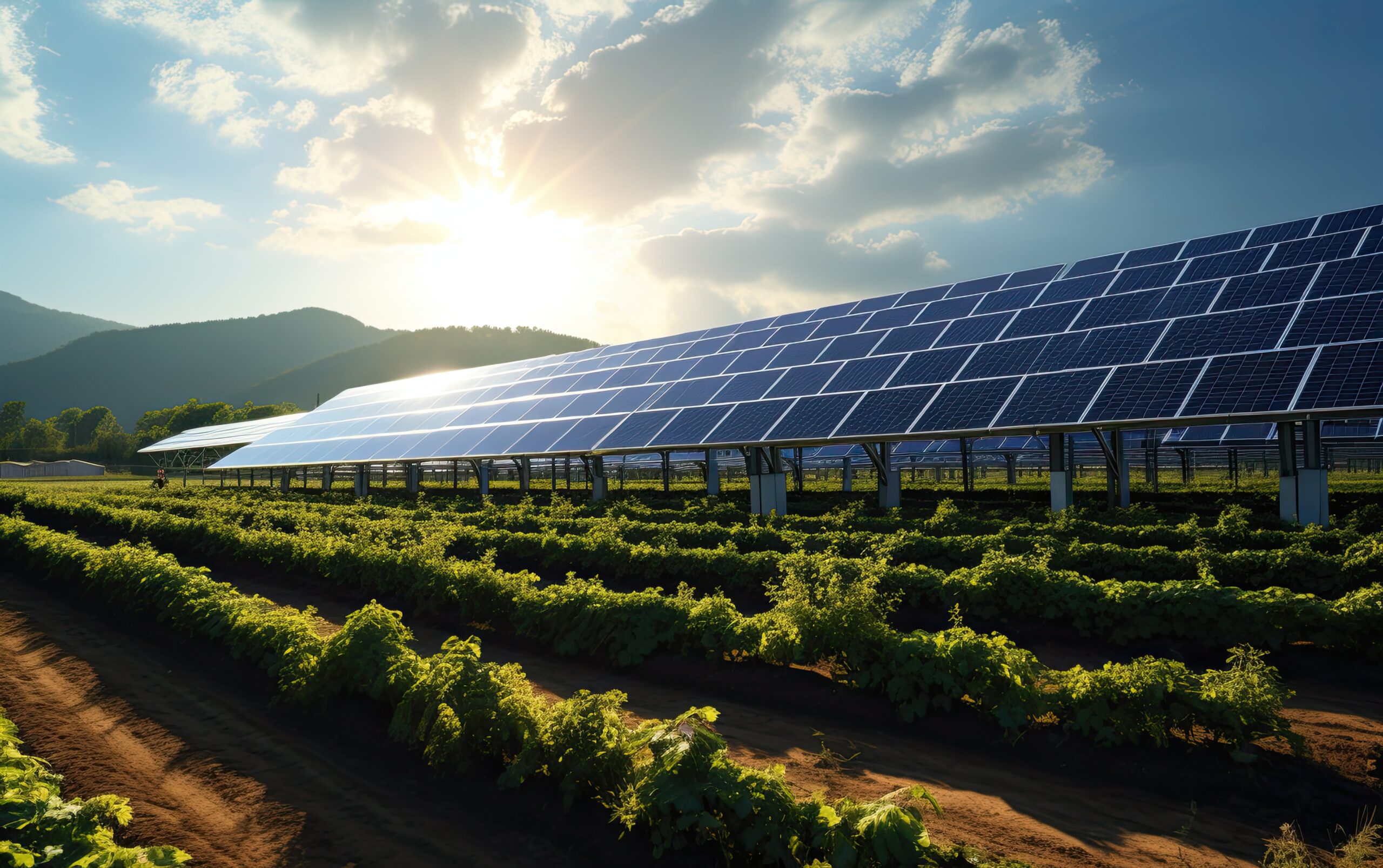 Farmland enhanced with agrivoltaics, where solar panels are intelligently integrated to provide both renewable energy generation and shade for crops.