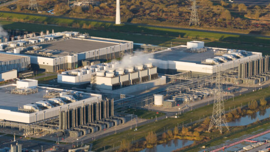Aerial Vertical View: Massive Data Center Cooling Systems.